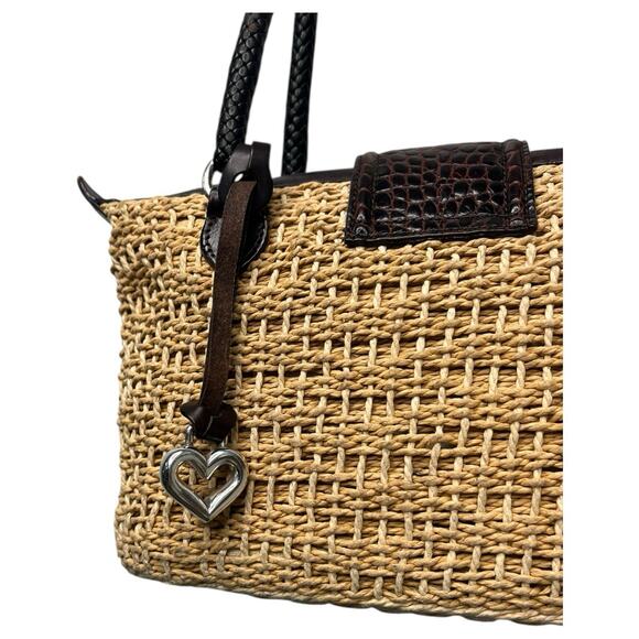 VTG Brighton Purse Brown Leather Straw Woven Double Handle Heart Boho 90s Y2K - Picture 7 of 16